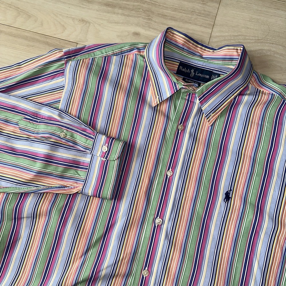 Polo‎ Ralph Lauren Classic Fit Shirt Men's 17.5 XXL Stripped Colorful VTG Spring